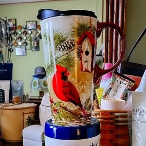 Cardinal Bird Travel Mug with Red Handle